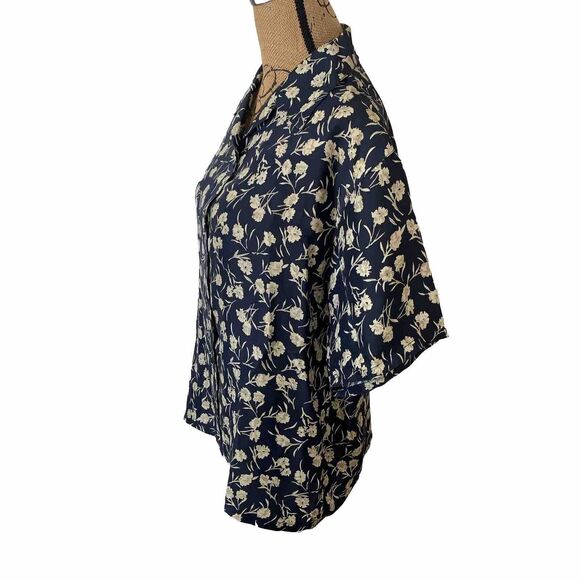 Beroluci of Paris 100% Silk Women's Sport Btn Blouse Dark Blue Tan Floral SMALL - Picture 3 of 10